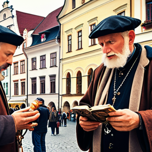 **A charismatic Polish tour guide in Kraków's Main Market Square (Rynek Główny), animatedly telling a story about a legendary alchemist, tourists listening with fascination, in a slightly painterly style.** (This captures the anecdote about the alchemist).