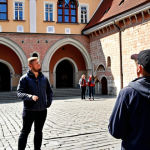 A tour guide calmly redirecting a group of tourists after discovering a last-minute closure at Wawel Castle in Krakow, showcasing flexibility and problem-solving skills.
