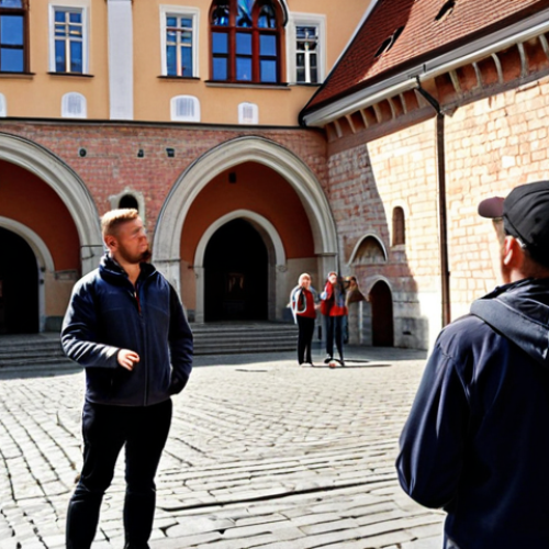 A tour guide calmly redirecting a group of tourists after discovering a last-minute closure at Wawel Castle in Krakow, showcasing flexibility and problem-solving skills.