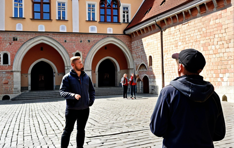 A tour guide calmly redirecting a group of tourists after discovering a last-minute closure at Wawel Castle in Krakow, showcasing flexibility and problem-solving skills.
