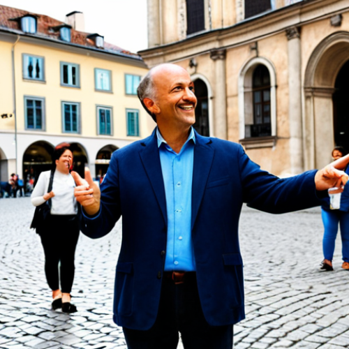 A professional adult male tourist guide, fully clothed in modest outdoor professional attire, engaging with a small group of diverse tourists in a historic European city square. The guide is pointing towards a beautiful old building, his expression animated as he tells a captivating story. Tourists are attentively listening, some smiling. The background features cobblestone streets and charming ancient architecture. Natural daylight, professional photography style, high resolution. Safe for work, appropriate content, perfect anatomy, correct proportions, well-formed hands, proper finger count, natural body proportions, professional dress, natural pose, high quality.