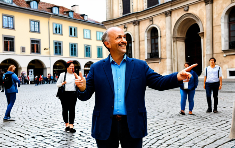 A professional adult male tourist guide, fully clothed in modest outdoor professional attire, engaging with a small group of diverse tourists in a historic European city square. The guide is pointing towards a beautiful old building, his expression animated as he tells a captivating story. Tourists are attentively listening, some smiling. The background features cobblestone streets and charming ancient architecture. Natural daylight, professional photography style, high resolution. Safe for work, appropriate content, perfect anatomy, correct proportions, well-formed hands, proper finger count, natural body proportions, professional dress, natural pose, high quality.